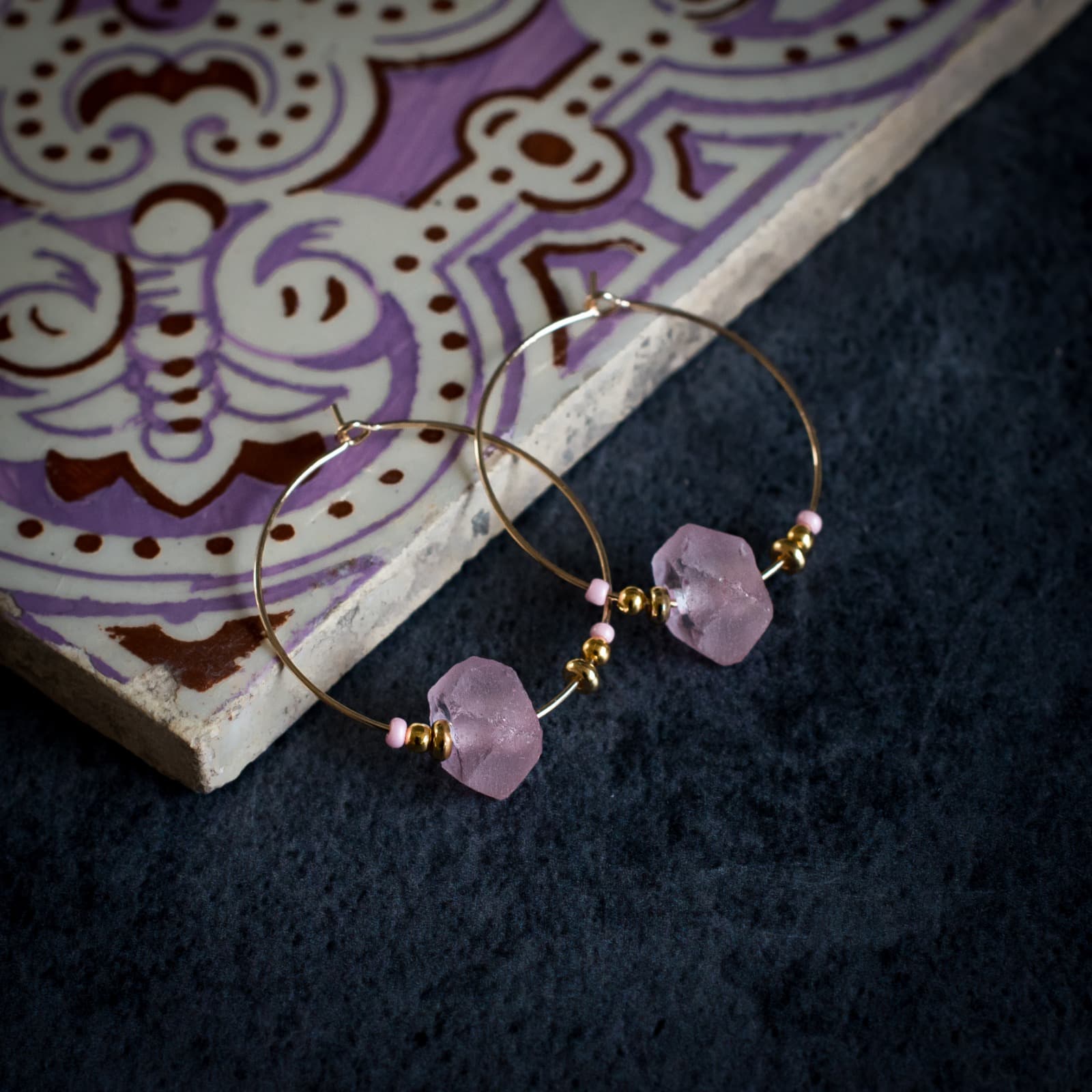 Krobo Bead Glass Hoops in Blue