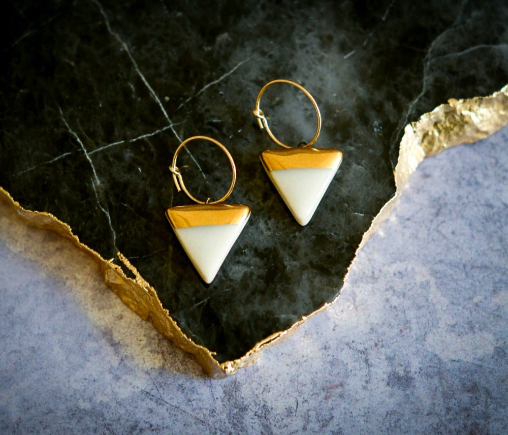 White and Gold Triangle Earrings