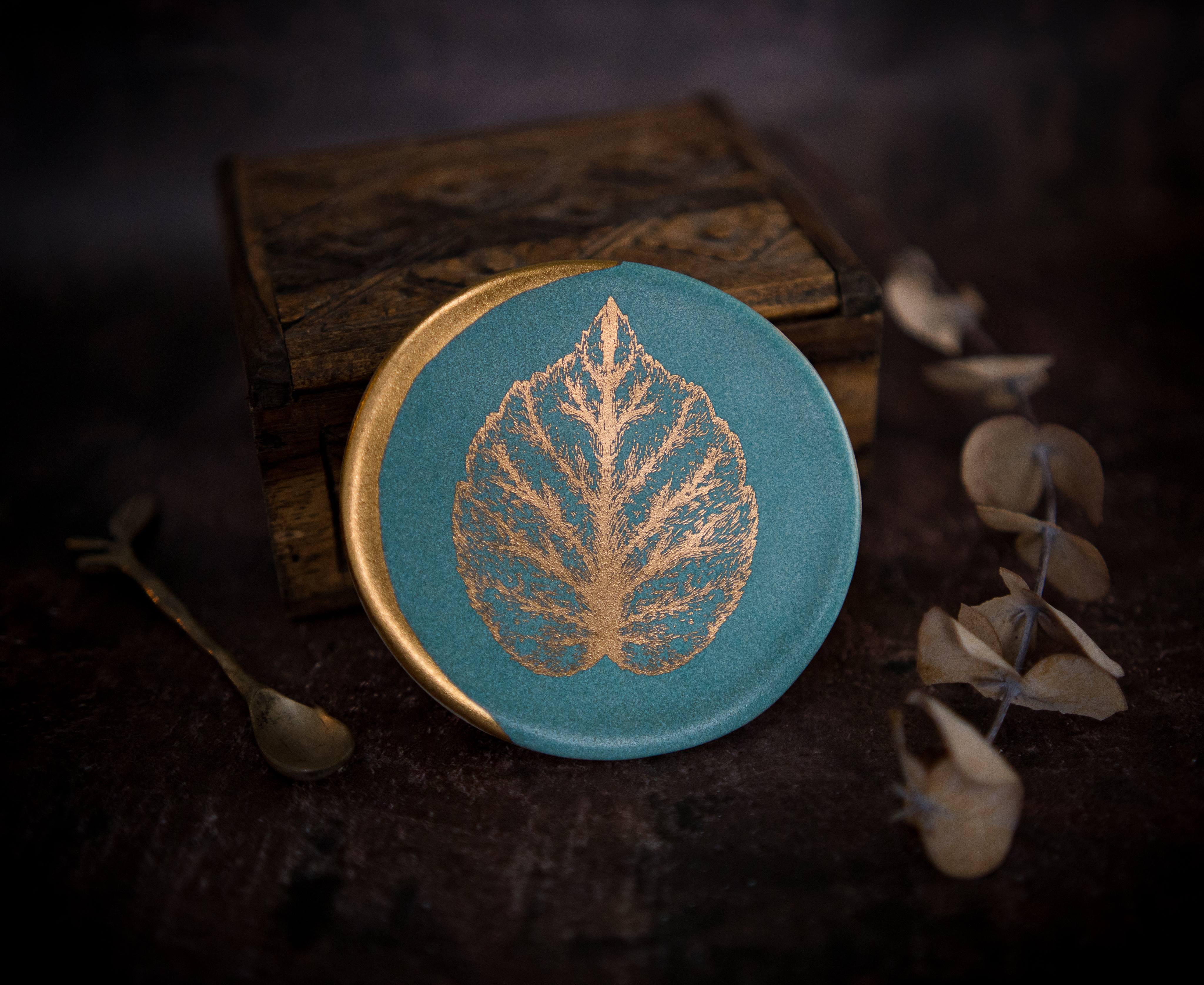 Mint Ring Dish with Gold Hazel Leaf