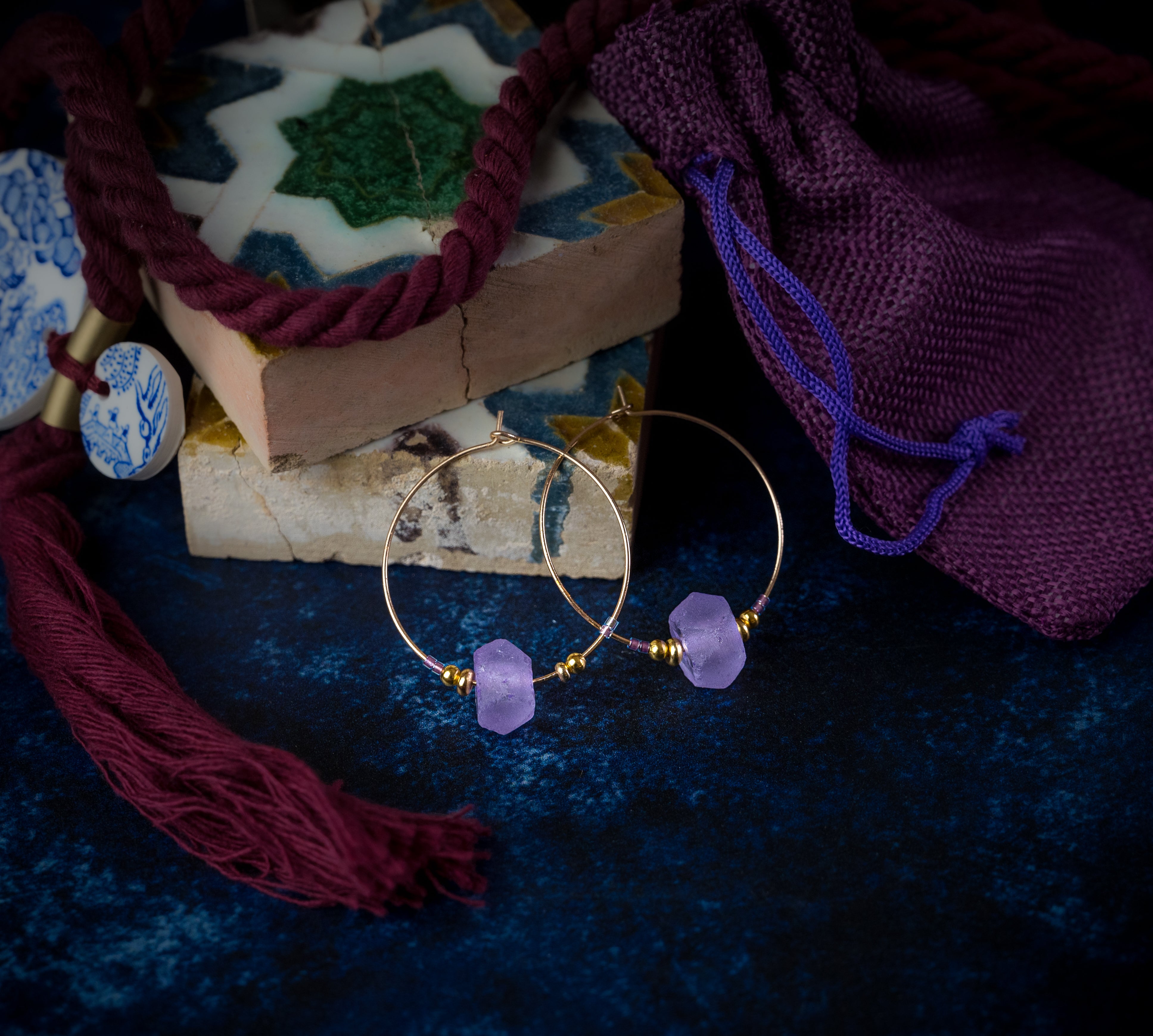 Krobo Bead Glass Hoops in Purple