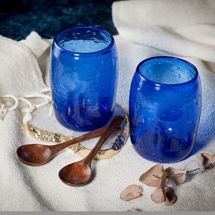 Pair of Handblown Glassware from Herat in Dark Blue