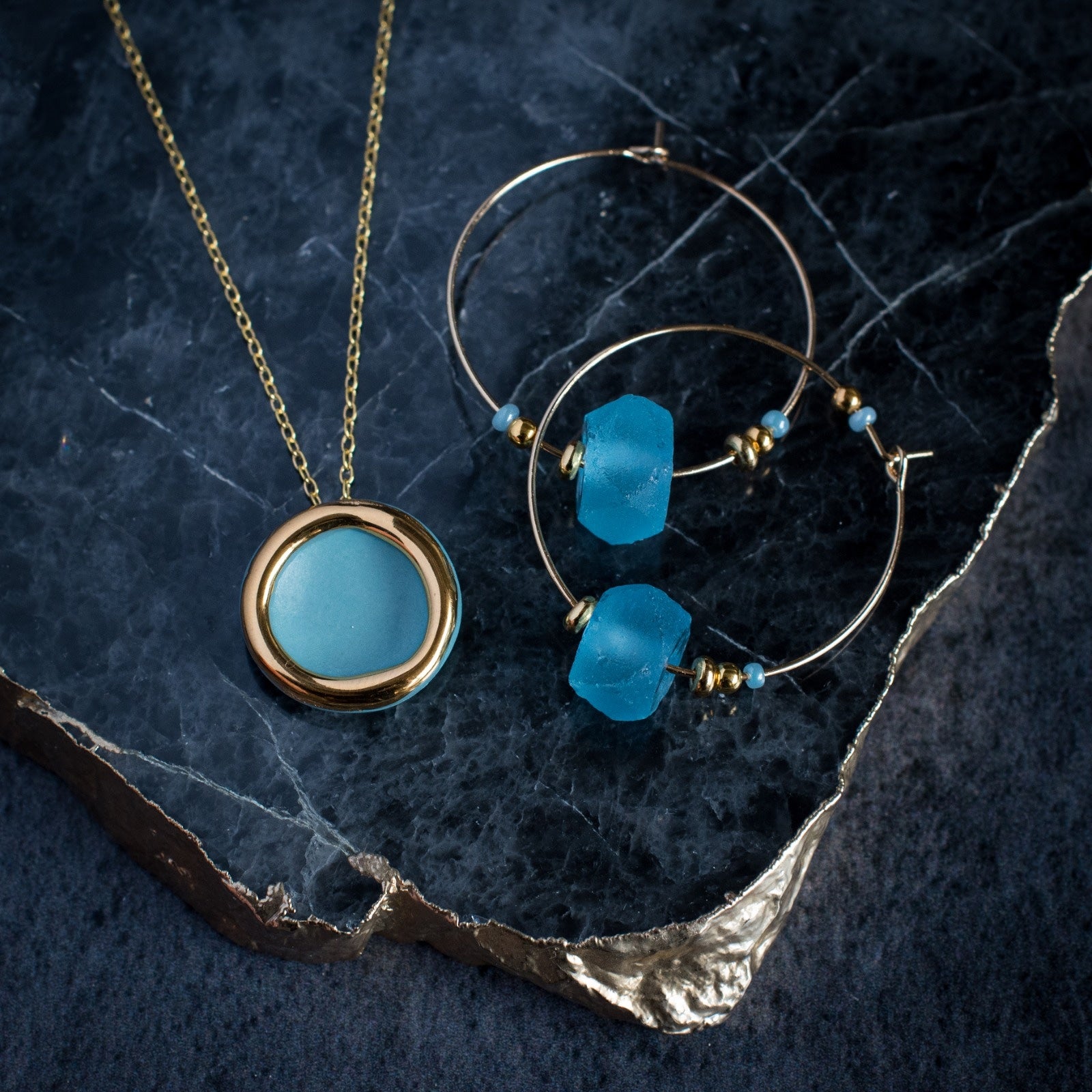 Krobo Bead Glass Hoops in Blue