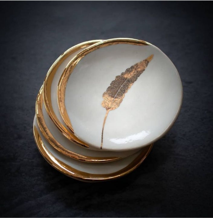 Black Ring Dish with Gold Fern