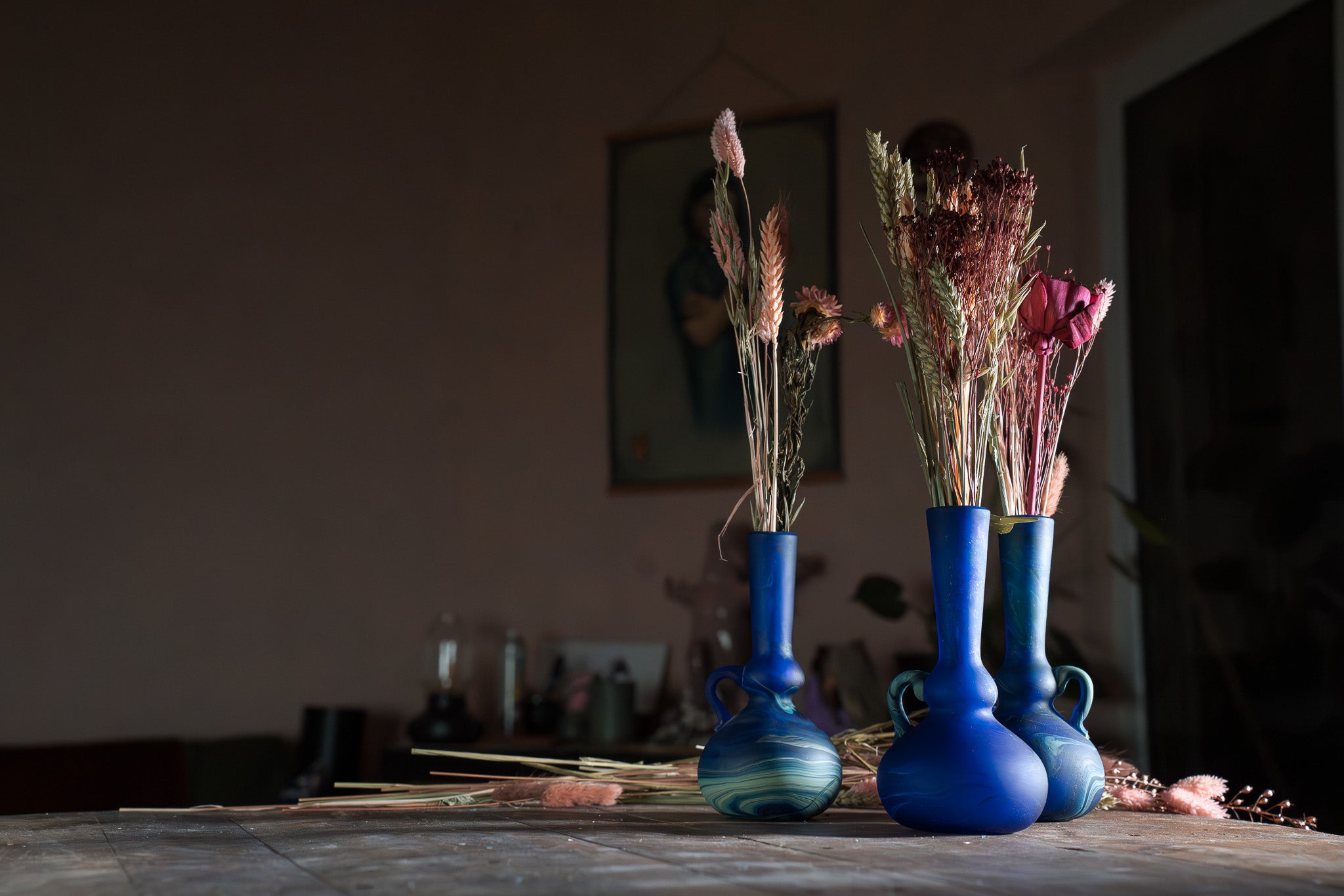 Handblown Hebron Phoenician Glass Mini Vase with handle - Cobalt Blue