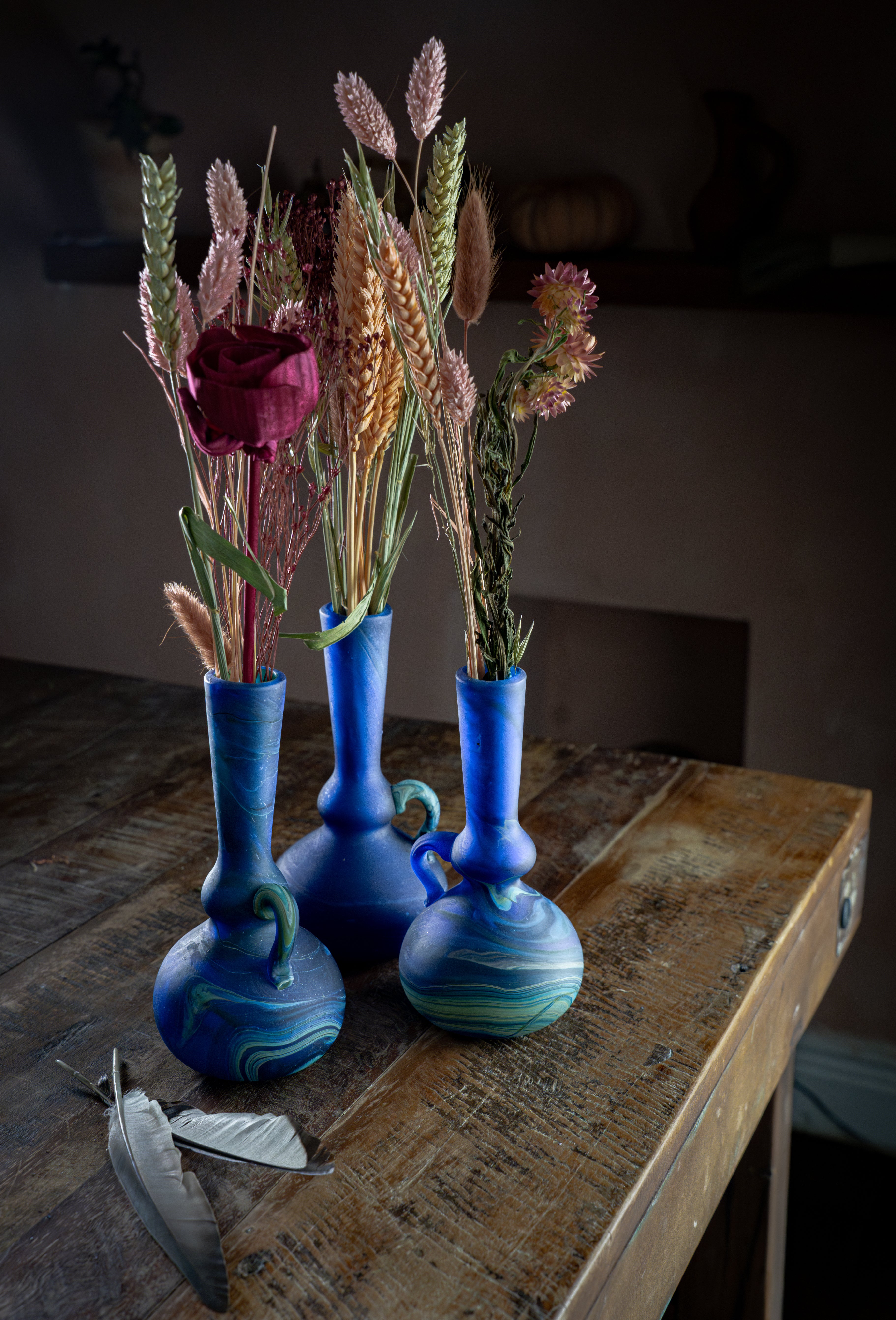 Handblown Hebron Phoenician Glass Mini Vase with handle - Cobalt Blue