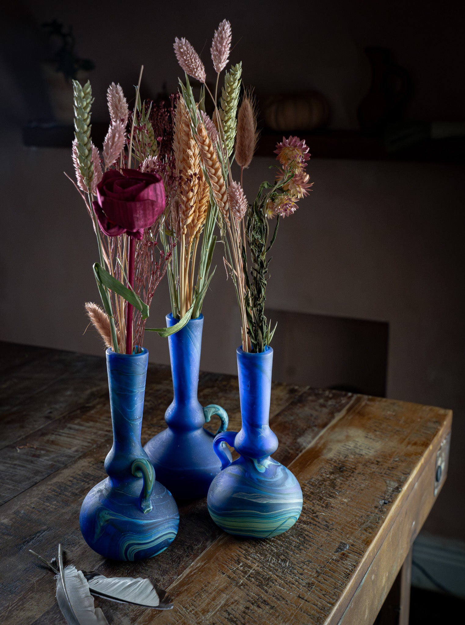 Handblown Hebron Phoenician Glass Mini Vase with handle - Cobalt Blue
